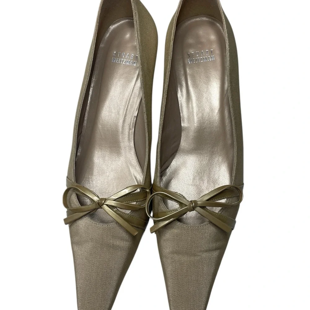Stuart Weitzman beige Gold shimmer kitten Heels pointed toe pump
